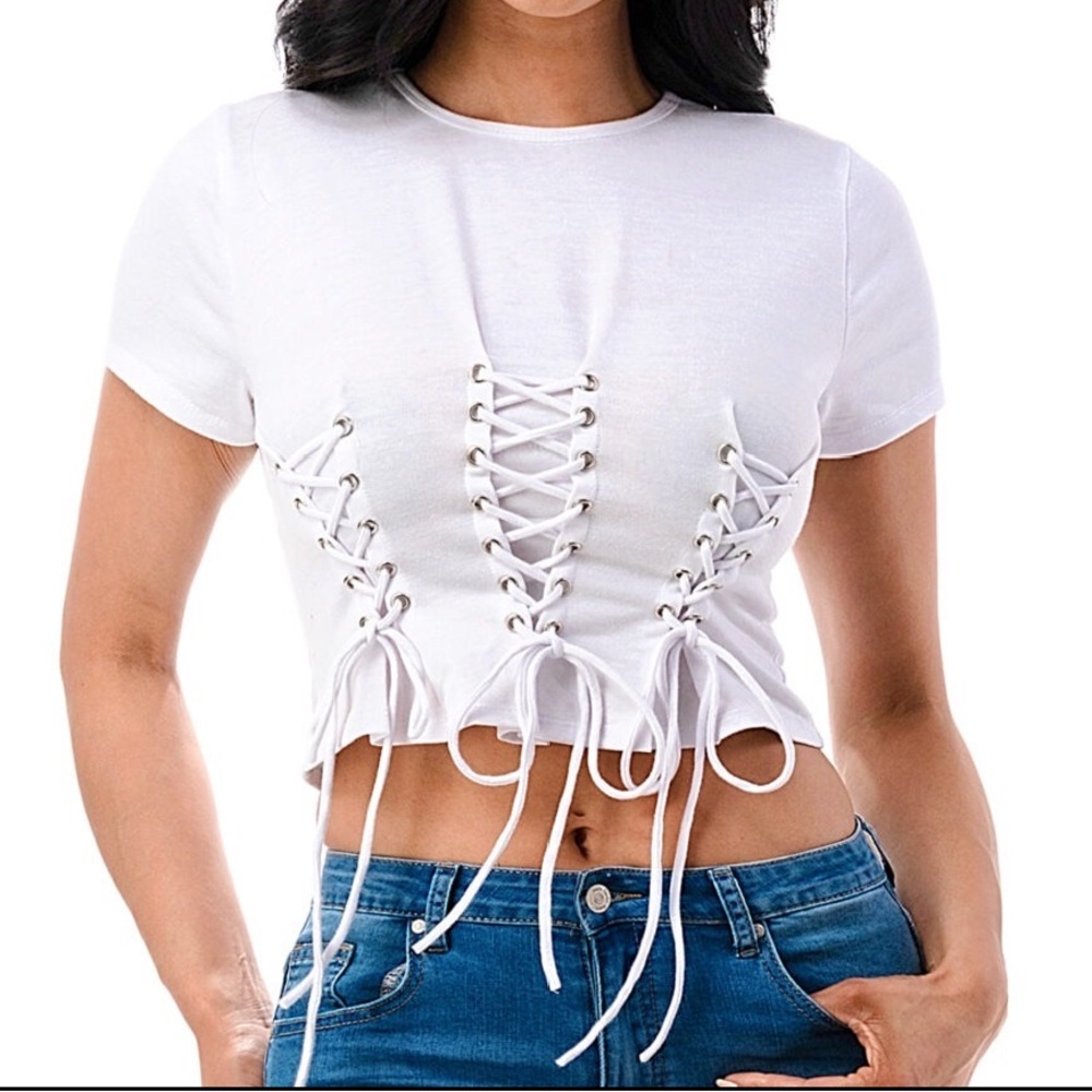 White Lace Up Cropped Tee